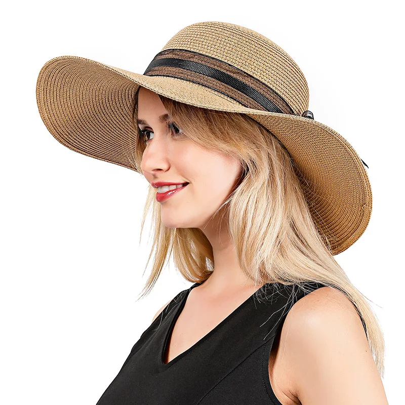 

Summer Straw Hat Women Wide Brim Beach Hat Sun hat Foldable Sun Block UV Protection Panama Hat Bone Chapeu Feminino H08
