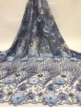 

French Net Lace Fabric 2019 Latest African Guipure Lace Fabric With Embroidery Mesh Tulle Blue Cord Sequins Lace Fabric Peach