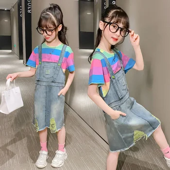 

Casual Summer New Baby Girls Sets Cotton Striped T-shirts + Loose Overall Dresses 2pcs Kids Clothes Fashion Children Outfits