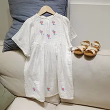 

Spring summer pastoral style cotton and linen fabric white embroidery retro dress baby girls dress