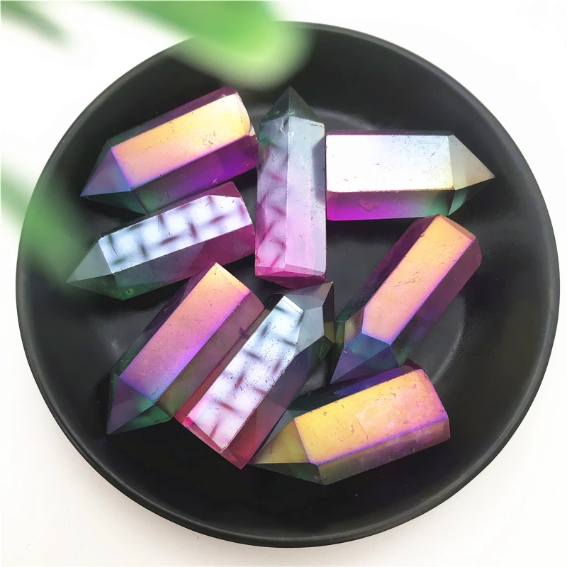 40-60mm Electroplated Green Rose Titanium Aura Obelisk Crystal Wand Point Healing Crystal Tower Decor 1PC Natural Quartz Crystal