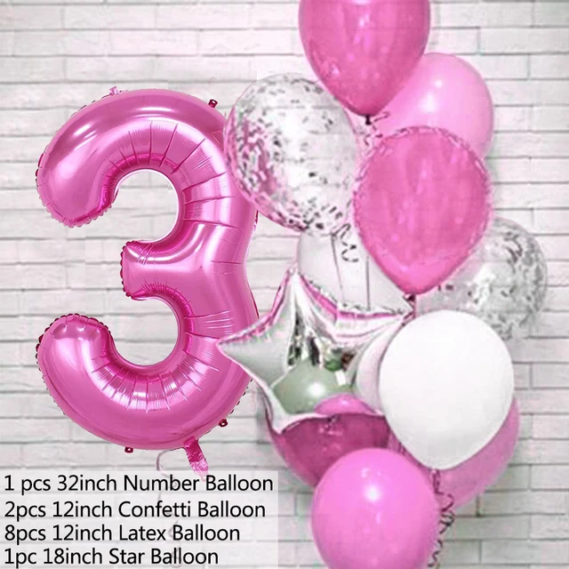 12pcs Pink Number Foil Balloon Birthday Party Decoration Latex Balloons Kids Baby Girl 1 2 3 4 5 6 7 8 9 Years Old 1st Birthday P-balloon number 3