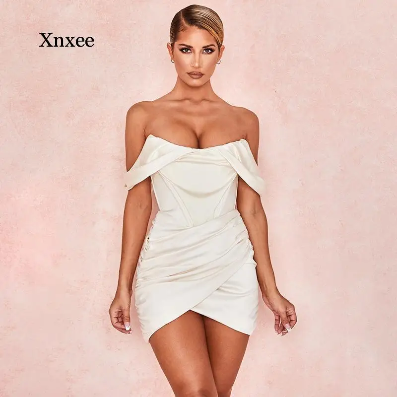 

Ivory Satin Corset Dress Women Mini Off Shoulder Sexy Party Club Dress Bodycon Draped Lady Summer Dress