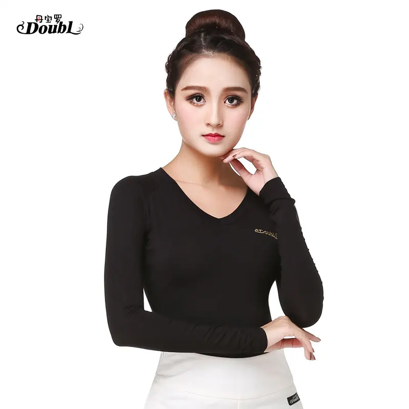 Solid Black Latin Dance Top for Women Long Sleeve Dancing Shirts Ballroom Costume Training Clothes Wear Outfits Workout upper