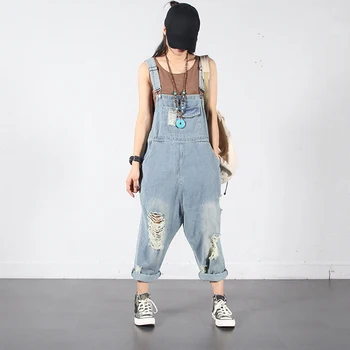 

Women Suspender JUMPSUIT Spaghetti Strap Vintage Ripped Jeans Denim Rompers Harem Pants Boyfriend Drop Crotch Overalls Distress
