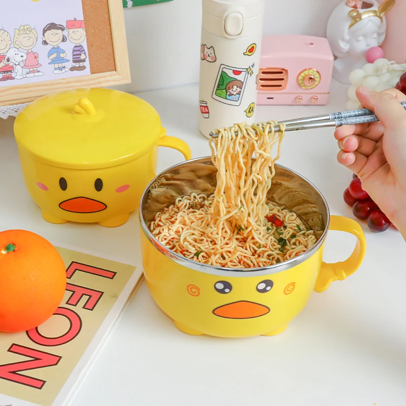 Roestvrij stalen ramenkom met deksel, 1300 ml, roestvrij staal, instant noodle kom, verzegeld ramen kom met klaplepel en eetstokjes, instant noedelkom voor udon, soba