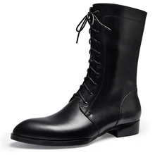 

Fashion Winter Leather Men Long Boots Black Buckle Lace Up Mid Comfortable Cow