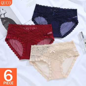 

QUCO Brand 6 Pcs/lot Transparent Underwear Lace Panties for Women Sexy Soft Lingerie Women's Cotton Briefs Erotic Sheer Thongs
