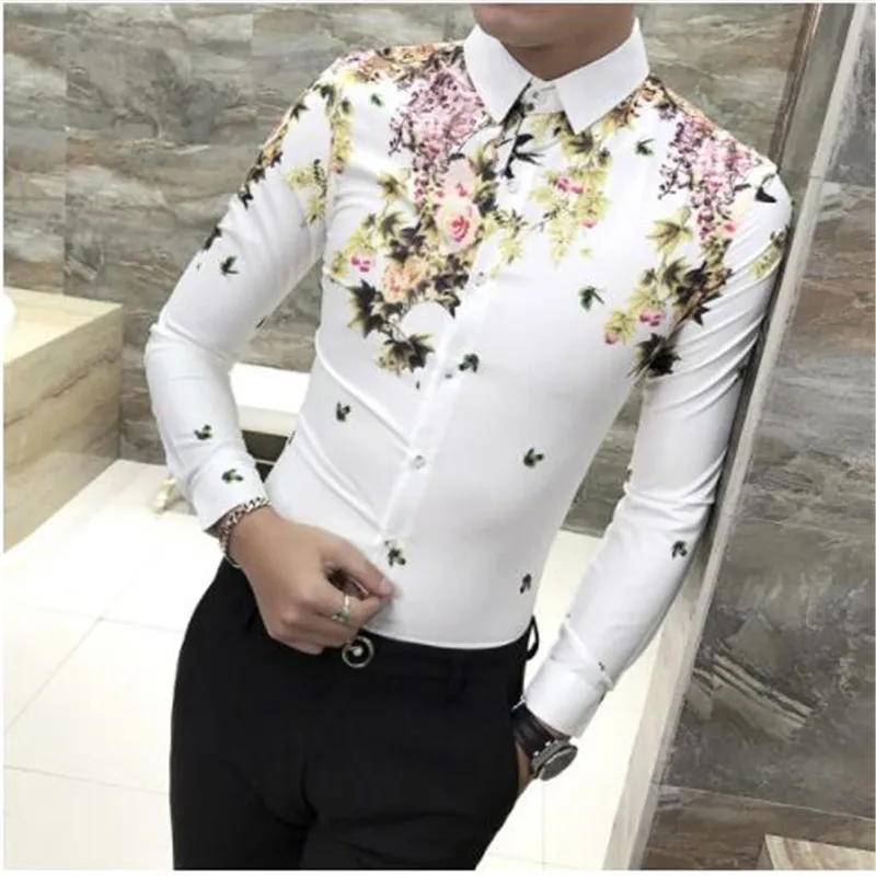 Camisa masculina Высокое качество Мужские рубашки с длинным рукавом Новое Повседневное платье рубашка slim fit стильные мужские рубашки с цветочным узором смокинг для выпускного вечера - Цвет: 1