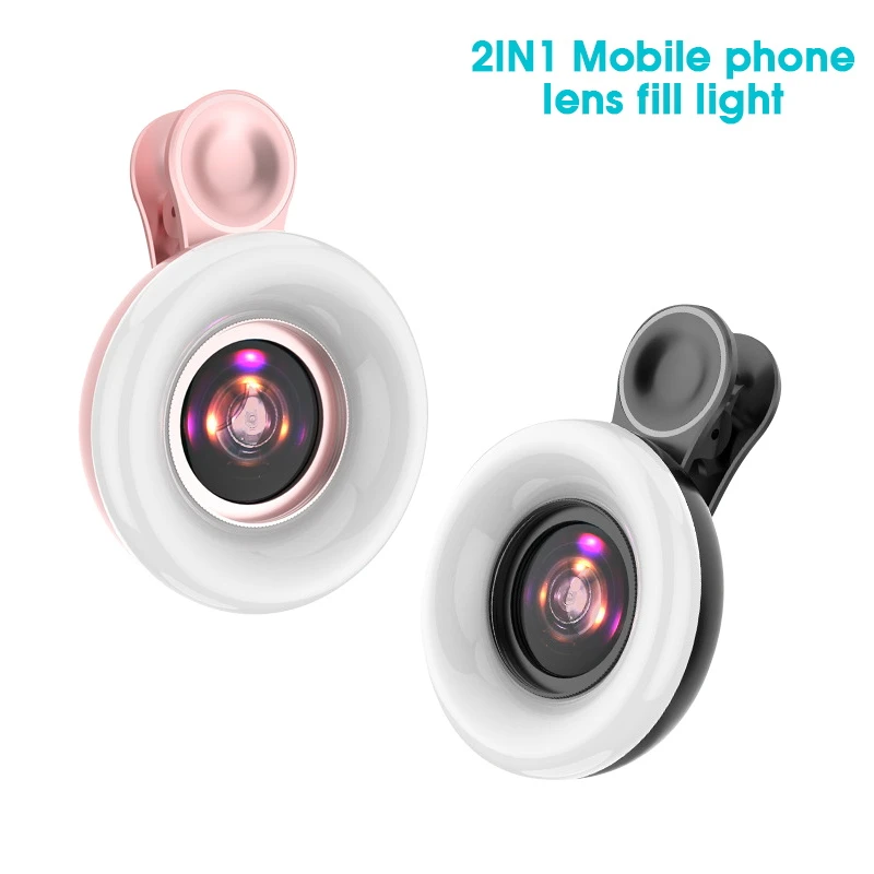 New Mobile phone fill light 15X macro lens Portable Selfie LED Ring Flash Light Phone Selfie Lamp Universal Ring Clip Light 20x zoom lens for mobile