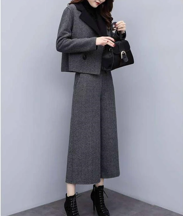 Осенне-зимние шерстяные комплекты из двух предметов, наряды для женщин, плюс размер, короткое пальто и широкие брюки, костюмы элегантные офисные корейские комплекты