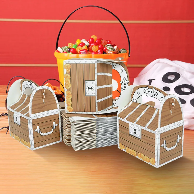 

5pcs Pirate Treasure Paper Gift Bag Packaging Halloween Retro Wood Grain Biscuit Dessert Candy Storage Box Wedding Party Gifts
