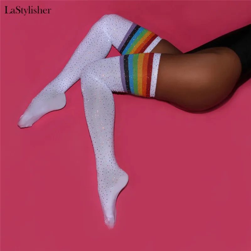 LaStylisher/женские гетры-Чулки со стразами, вязаные женские чулки выше колена, сексуальные теплые длинные хлопковые чулки до бедра, большие размеры