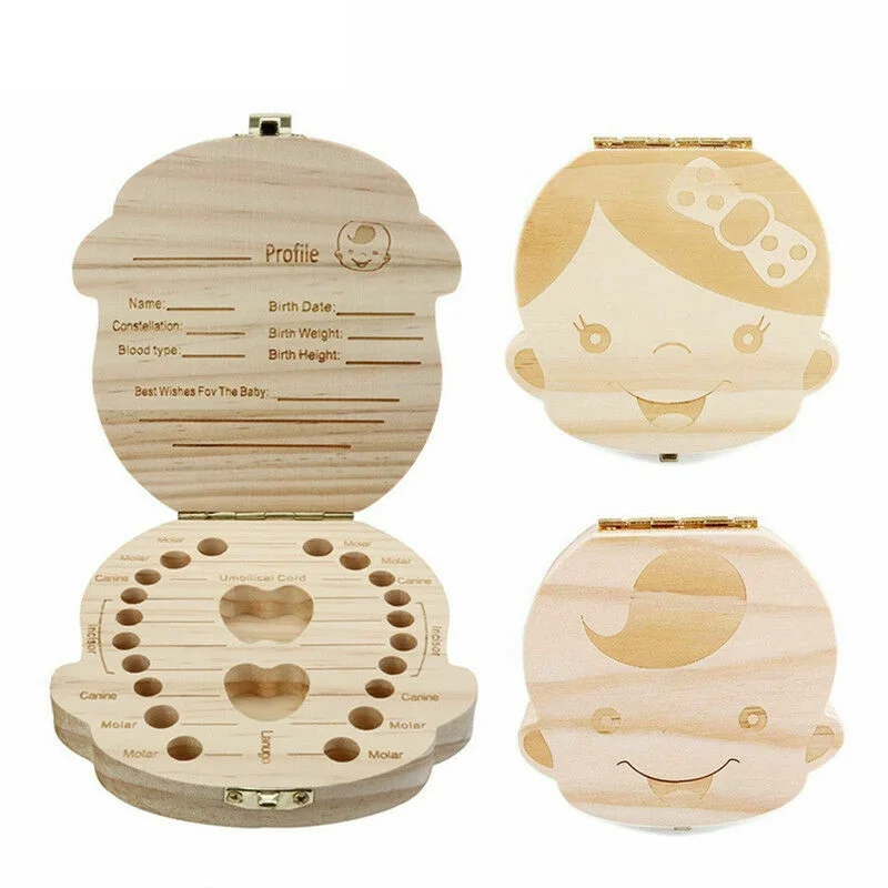 

Wooden Baby Kids Tooth Storage Box English/Spanish/French/Russian/Italian Teeth Umbilical Lanugo Organizer Gift Keepsakes Save