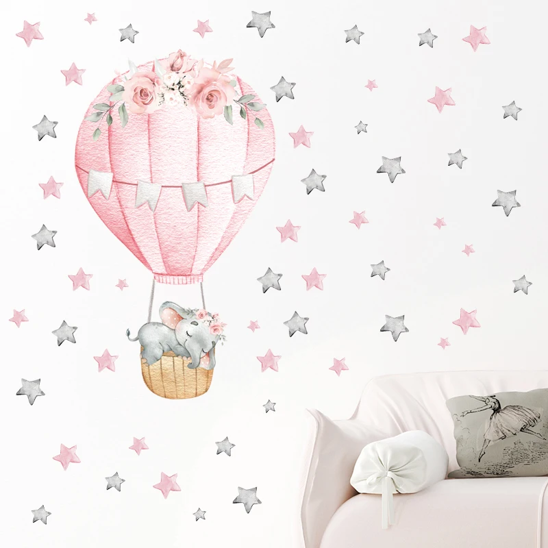 Cartoon Pink Baby Elephant Wall Stickers Hot Air Balloon Wall Decals Baby Nursery Decorative Stickers Moon and Stars for Girl Wall Stickers discount