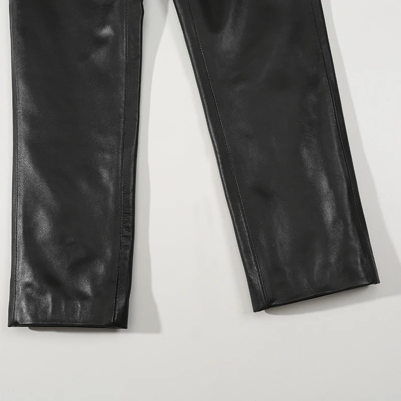 

2020 Autumn Women Plus Size Black Streetwear Long Pants Ladies High Waist Elastic Real Leather Trousers Female