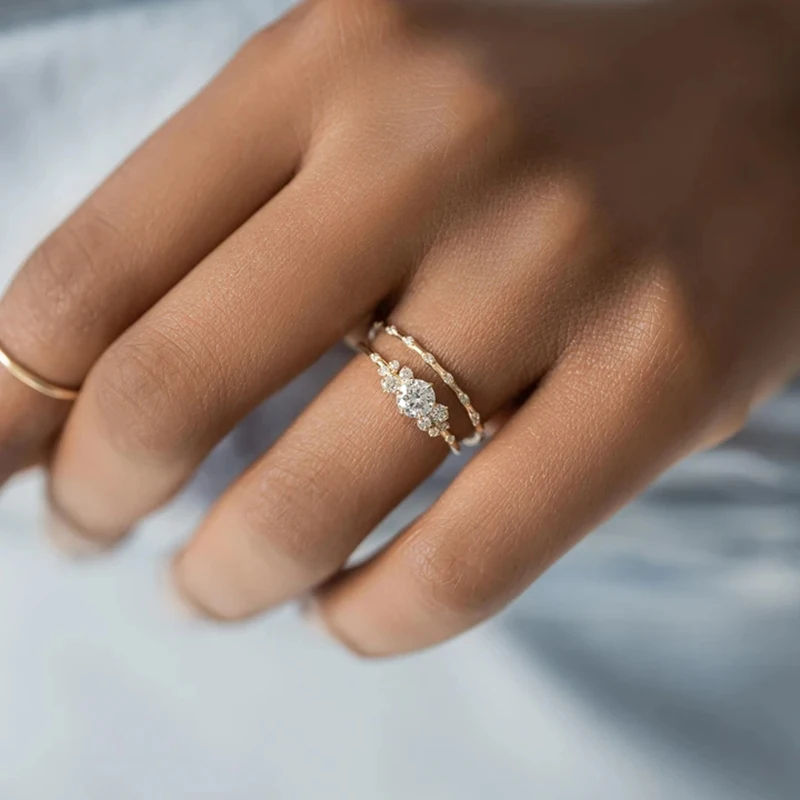 925 Sterling Silver Gold Single Round Zircon Crystal Rings Women Cubic Zirconia Jeweled Leaf Loop Wedding Engagement Ring