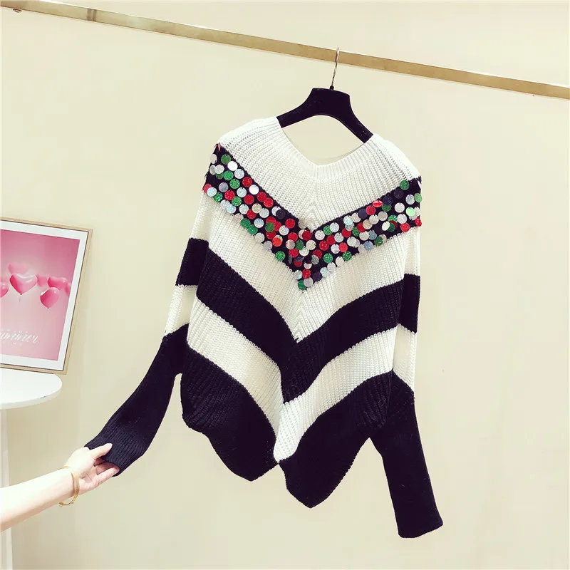 2020 Spring Korean Style New Spring V-neck Black and White Striped Sequined Batwing-Sleeve Sweater Women's Loose-Fit Sweater