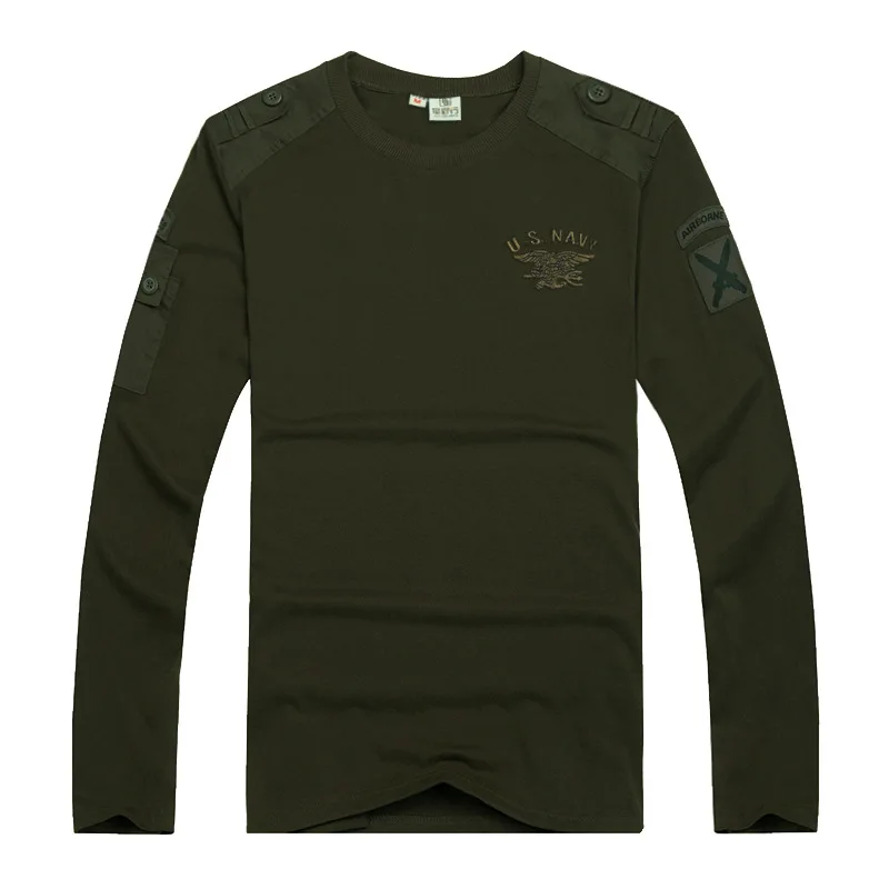 navy green Новые военные мужские футболки с длинным рукавом солдат 101st Airborne хлопок тонкий жира тактические футболки мужские брендовые футболки 3XL AE7104 - Цвет: navy green