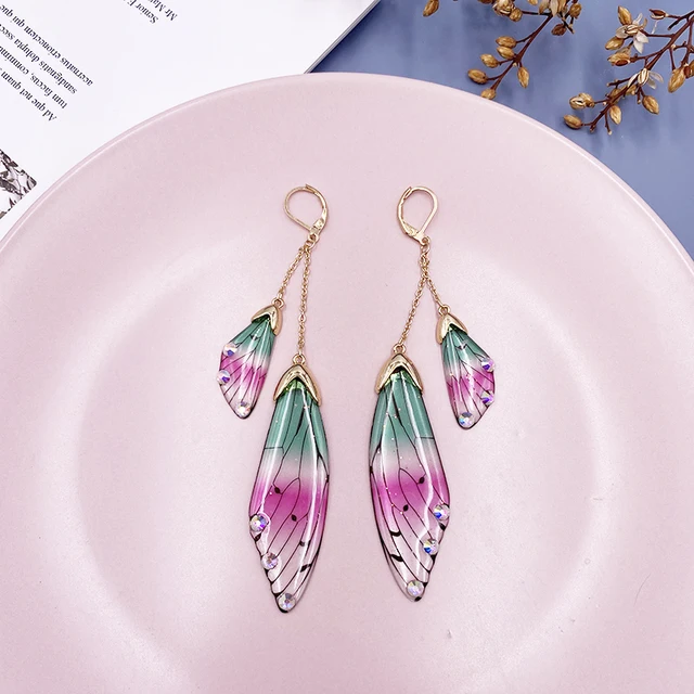 Fairy Resin Butterfly Earrings for Women Shining Crystal Flake Double Wing Long Drop Earrings Ladies Wedding Party Jewelry 2020 Gold-Pink Green
