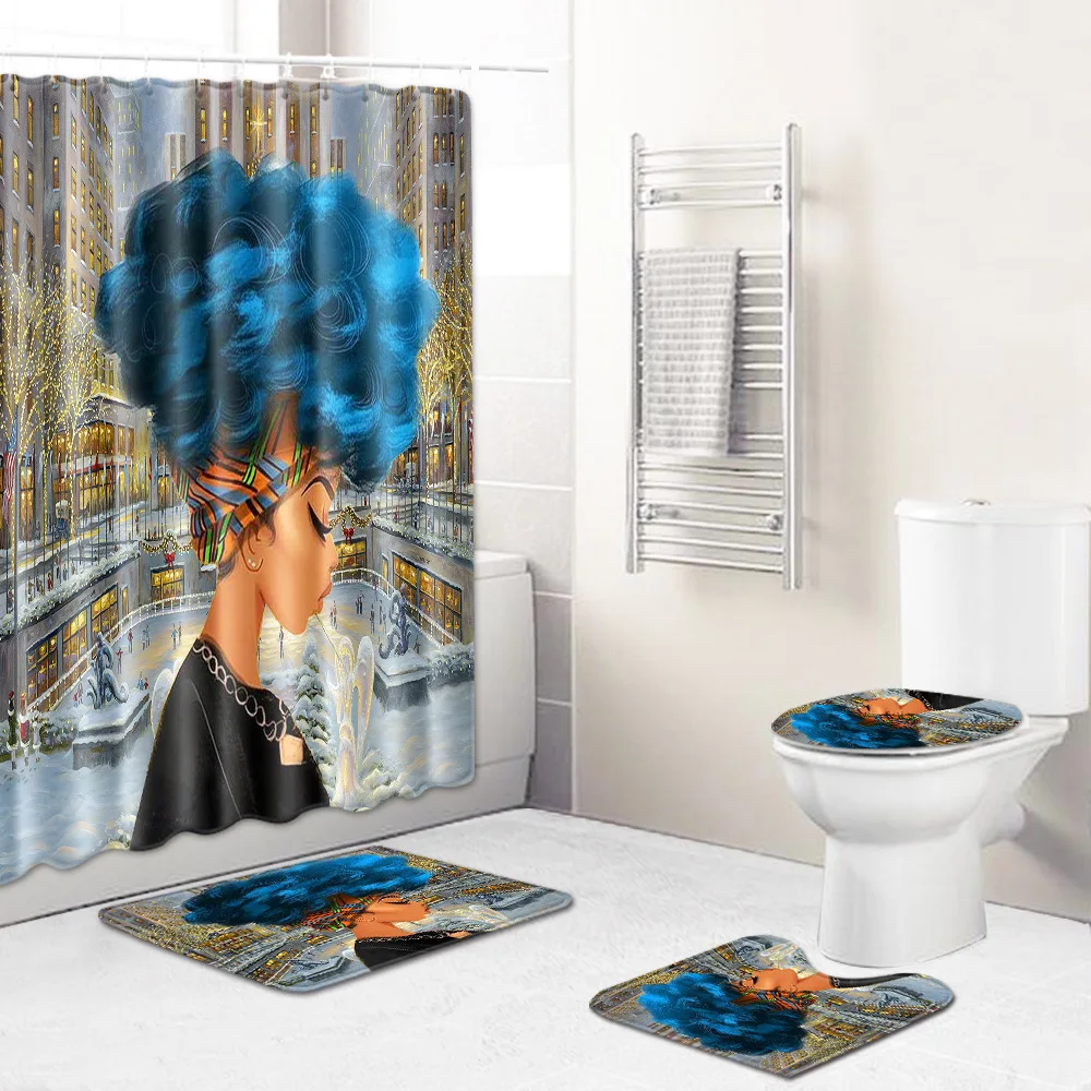 Bath Mat Set 4pcs African Woman Polyester Shower Curtain Set Non Slip Rugs Carpet for Bathroom Toilet FlannelJ190901