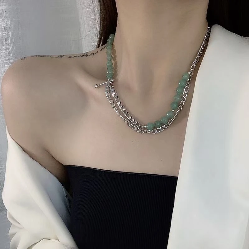 Collar de punto con cuentas de ópalo verde menta para mujer, cadena de de estilo Retro, accesorios de colocación, moda 2021|Collares colgantes| - AliExpress
