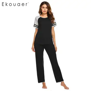 

Ekouaer Women Spring Pajamas Lounge Wear Soft Nightwear O-Neck Short Sleeve Tops Long Pants Pajama Set Sleepwear