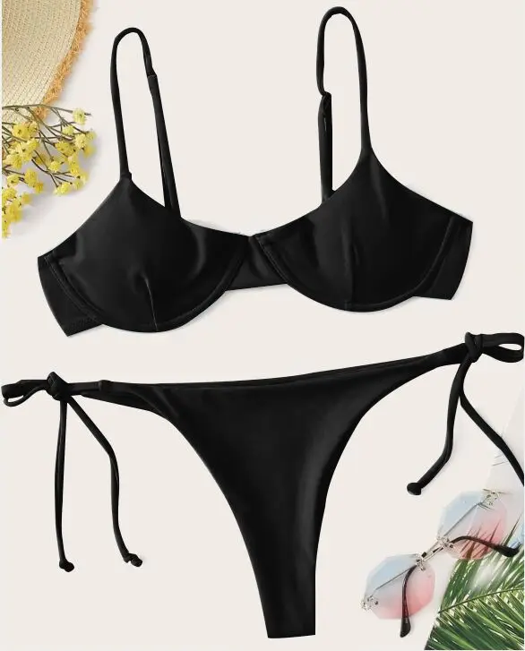 Women Fashion 2-Piece Swimming Suit Sleeveless Solid Color Top+Bottoms Bikini Set Stylish Bathing Suit With Chest Pads Underwire