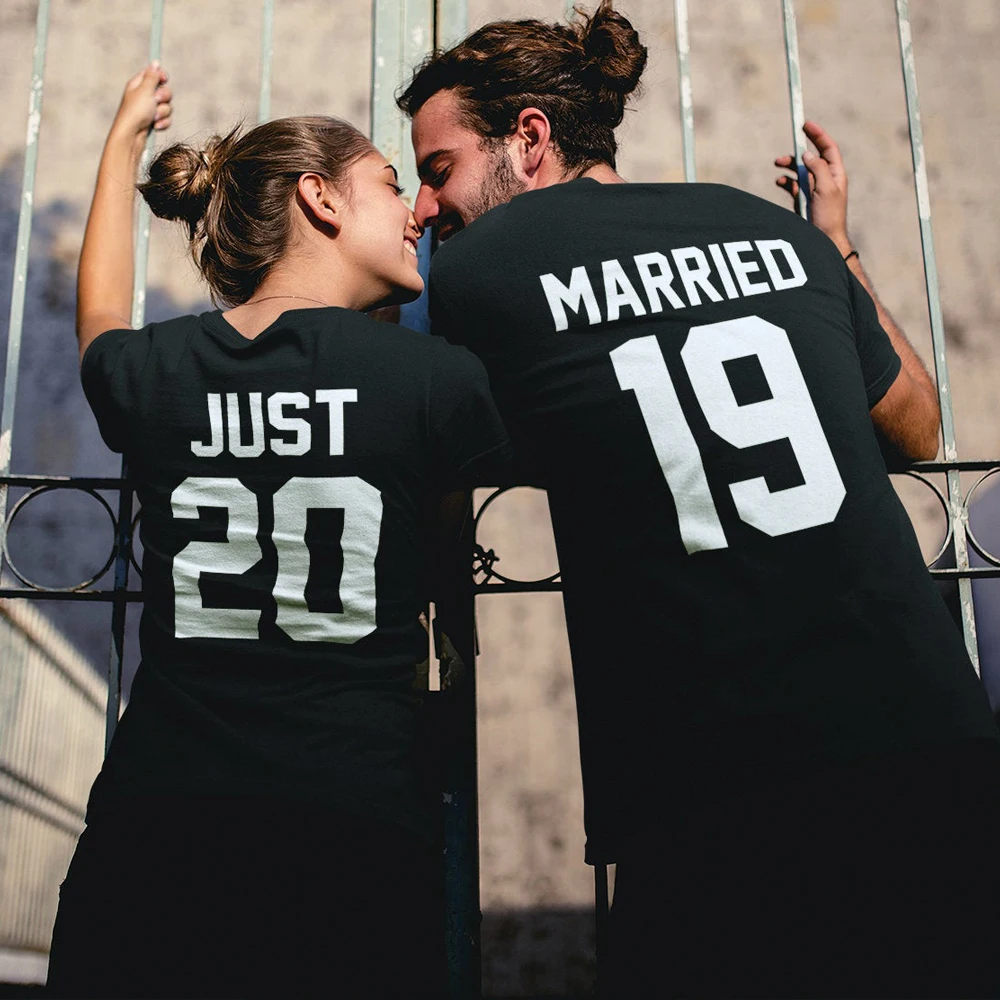 

Just Married Custom Cotton T-shirt Casual Unisex Newlywed Matching Couples Tshirt Funny Honeymoon Wedding Gift Tee Top For Women