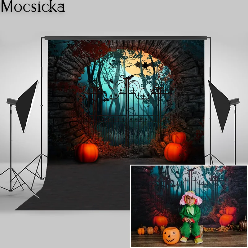 

Mocsicka Halloween Backdrop Horror Castle Retro Iron Gate Photography Background Pumpkin Moon Black Bat Decor Photo Studio Props