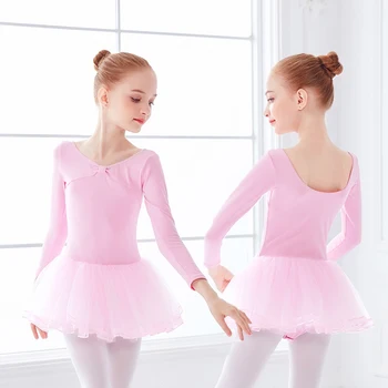 

Pink Girls Ballet Dance Leotard Chest Bowknot Long Sleeve Gymnastics Leotard With Tutu Skirts