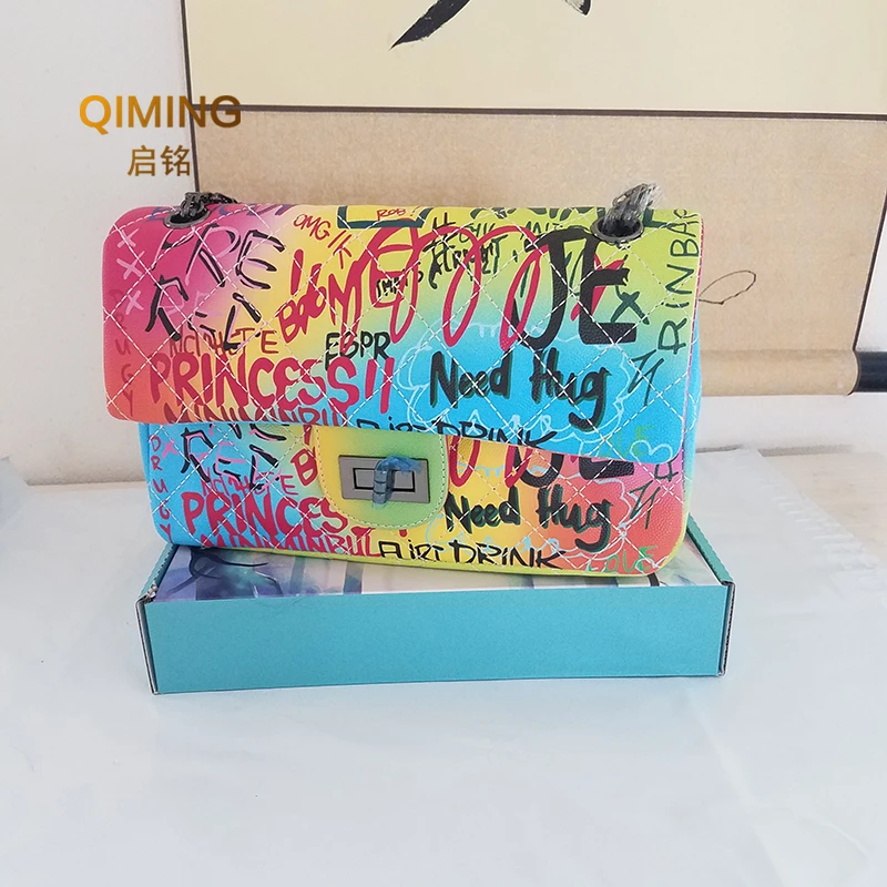 

High Quality Designer Brand Women Satchels Bag Crossbody Handbags Pu Leather Doodle Graffiti Tote Black Chain Diamond Lattice