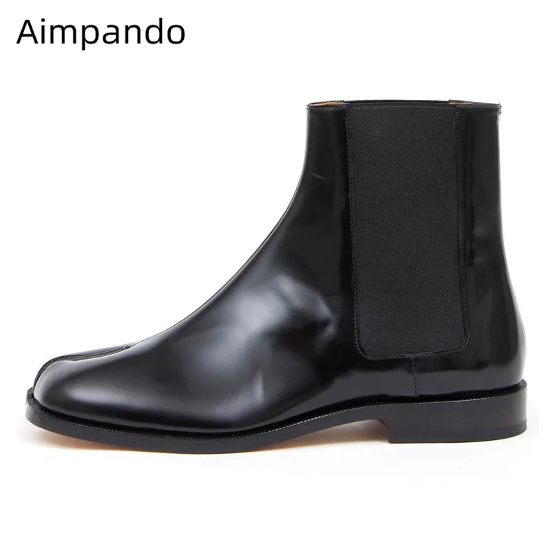 

Cool Split Toe Woman Boots Round Toe Slip On Chelsea Bottes Low Heel Unique Hoof Toe Short Botines 2020 New Coming Ankle Boots