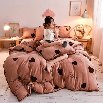 

Brown Heart Printing Duvet Cover Bed Sheet Milk Velvet Winter Quilt Cover Bed Cover Bedspread Bedding Queen King Size