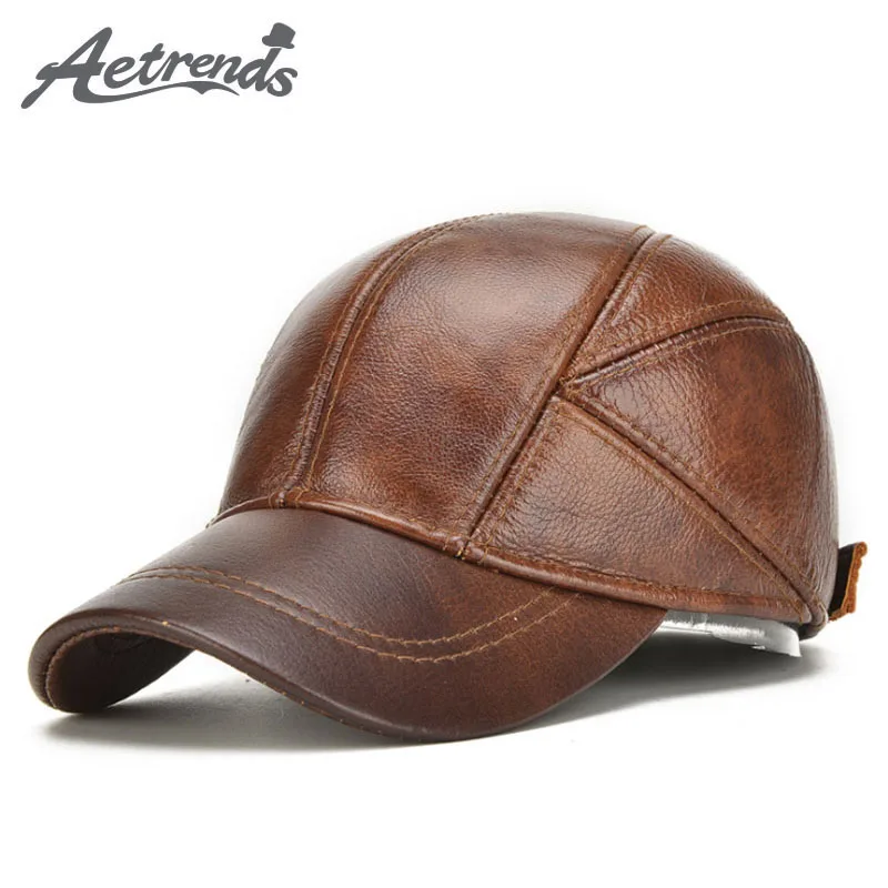 

[AETRENDS] Winter Leather Baseball Cap Men Dad Cap Genuine Leather with Ears Flaps Trucker Hat Z-5294