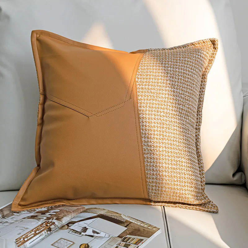 

Modern Orange Cotton and Leather Stitching Pillowcase Sofa Living Room Car Housse De Coussin 45*45 Decorative Cushion Cover