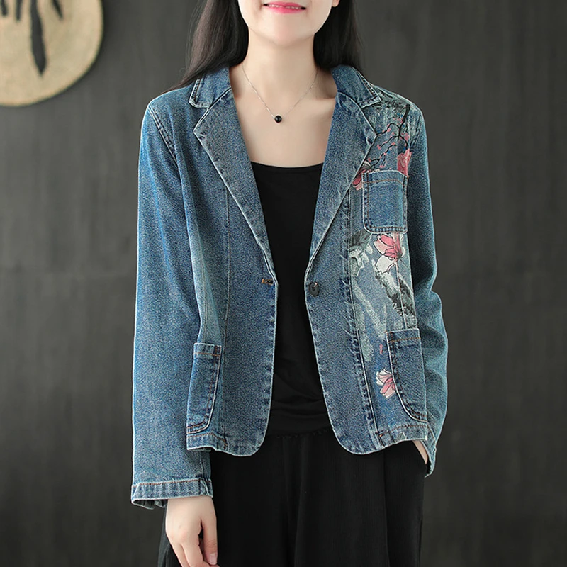 Yalabovso Floral Jackets Ladies Vintage Loose Coats 2020 Fashion Korean Autumn Oversized Clothes Womens Denim Printed Blazers