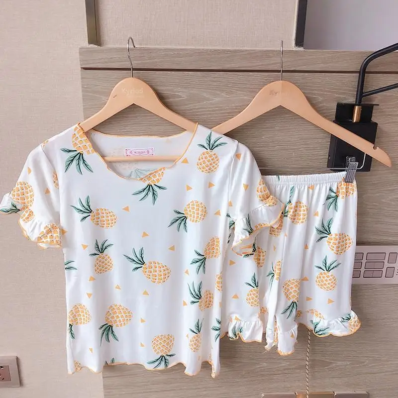 Cute Women Cartoon Kawaii Sleepwear Summer Print T-shirt Tops+ Elastic Waist Casual Loose Shorts Pajama Sets Home Clothing