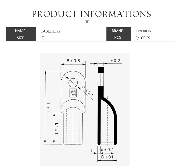 Description Picture 2 of item5pcs JG10-6/8 JG25/6/8/10 Terminal Cable Lug  M8 M12 10mm2 16mm2 25mm2 Bolt Hole Tinned Copper Cable lugs Battery Terminals