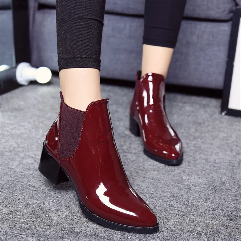 

2019 New Arrival Fashion Shoes Women Boots Elasticated Patent Leather Ankle Boots Pointed Low Heel Boots Female Sexy Shoes