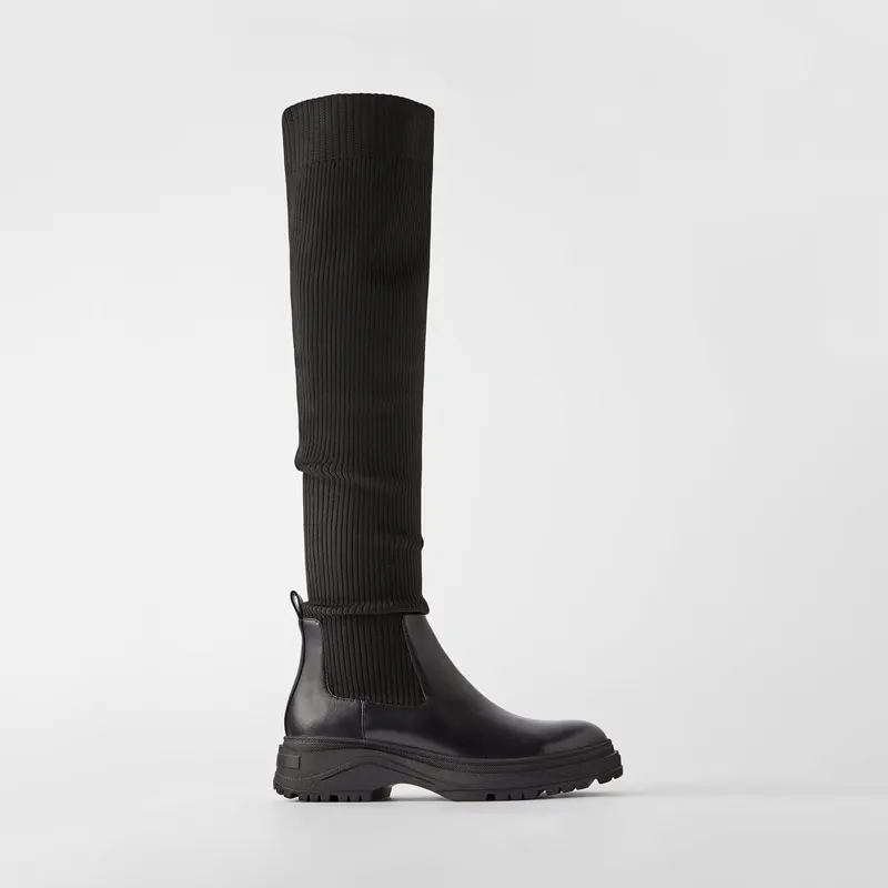 

2021 Winter Women's High Boots Plus Velvet Thickening Over-the-knee Boots Women Stocking Elastic Long Boot Platform Botas Mujer