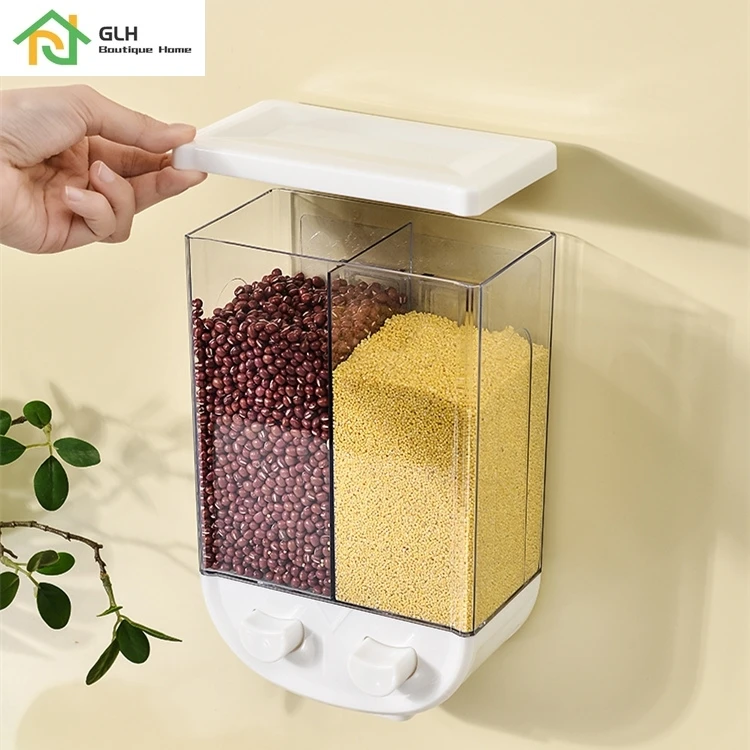 2l Kitchen Whole Grains Cereal Tank 2 Grids Wall Mounted Storage