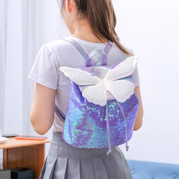 

2020 Girl sequin backpack glitter Butterfly Wings Knapsack Teenage Girls Casual Travel Bling Schoolbag Drawstring School Bookbag