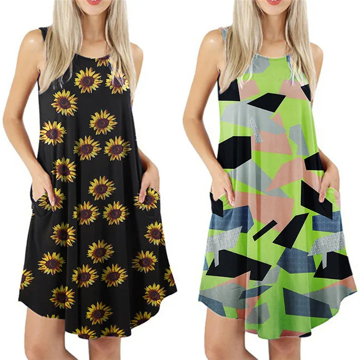 

Women Loose Large Size Mom Dress Clothes Flower Print Round Collar A-Line Casual Dresses For Woman 2020 Summer Sleevess Sundress
