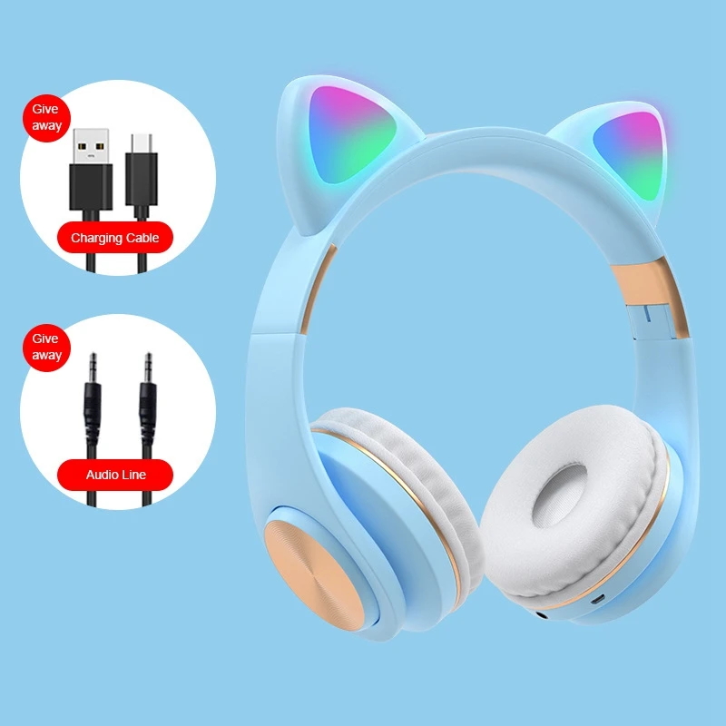Bluetooth Headphones Cat Ear LED Light Up Wireless Foldable Headphones over Ear for Smartphones Laptop PC TV