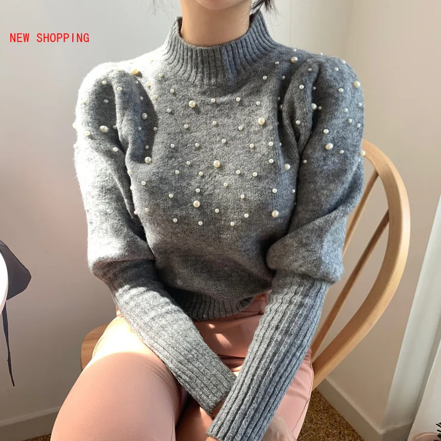 

2020 Sweater Women Knitted Sweaters with Beading Autumn Trendy Threaded Neck Jumper Pull Femme Top Jumper Pullover Sweater Mujer