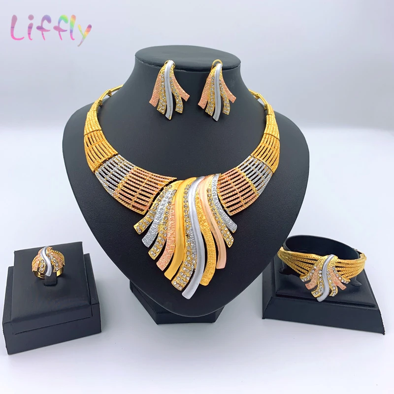 Indian Charm Bridal Color Jewelry Sets Round Necklace Bracelet Gold Earrings Ring African Style Wedding Fashion Crystal | Украшения и