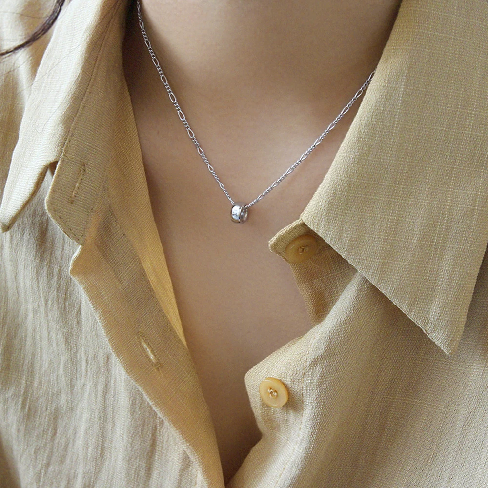 Minimalist 925 Sterling Silver Sphere Pendant Circle Necklace Graduation Gift Modern Necklace Jewelry S925 Figaro Chain Necklace