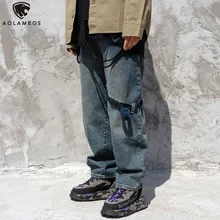 Aolamegs pantalones vaqueros desgastados para hombre, Jeans con cinta de retales, estilo Harajuku Hipster, ropa de calle recta Vintage a la moda