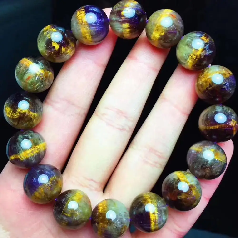 

13.5mm Natural Purple Rutilated Quartz Bracelet For Woman Lady Man Crystal Energy Round Beads Gemstone Stretch Jewelry AAAAA